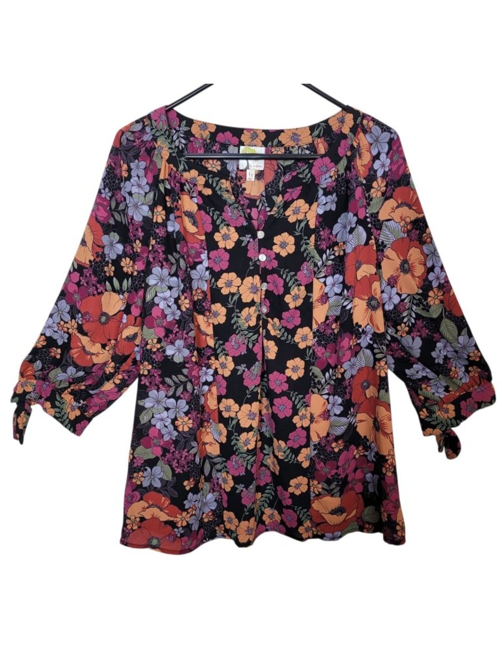 Fig and Flower Blouse Women 1X Black Floral Popover Bohemian Festival Casual